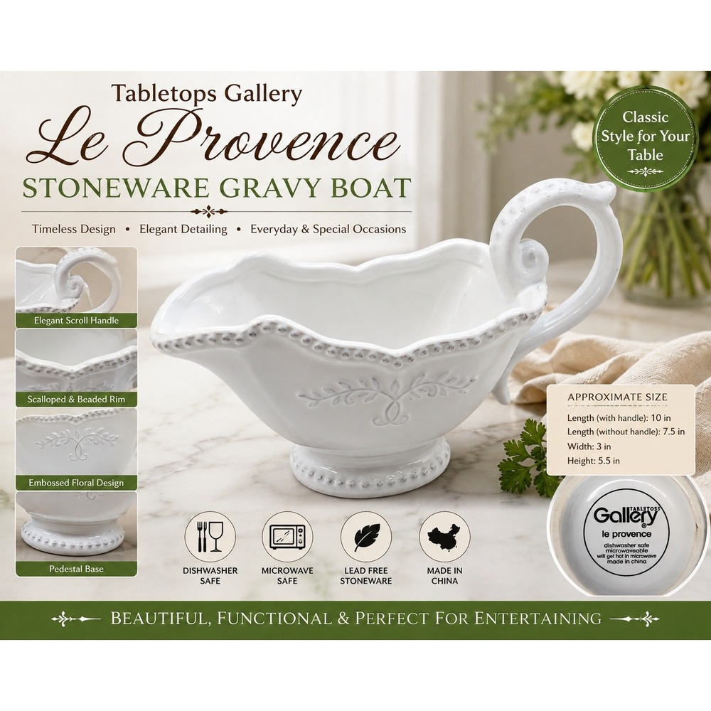 Tabletops Gallery Le Provence White Stoneware Gravy Boat Scalloped Beaded Floral